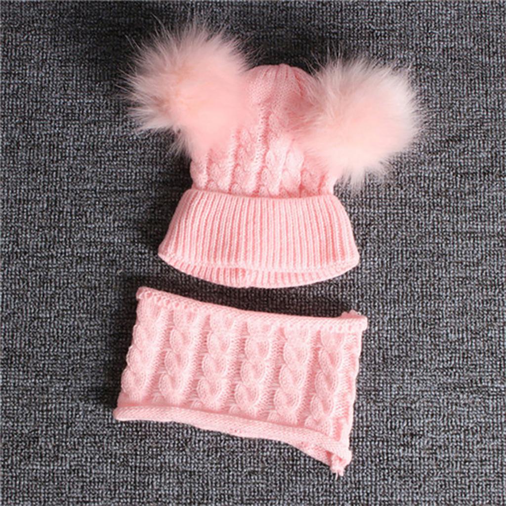 Children Beanie Pompom Neck Knitted Warm Hat Winter Scarf Set