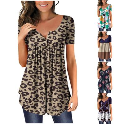 Women's V-Neck Color Block Patchwork Printed Button Flower Short Sleeve T-shirt Top