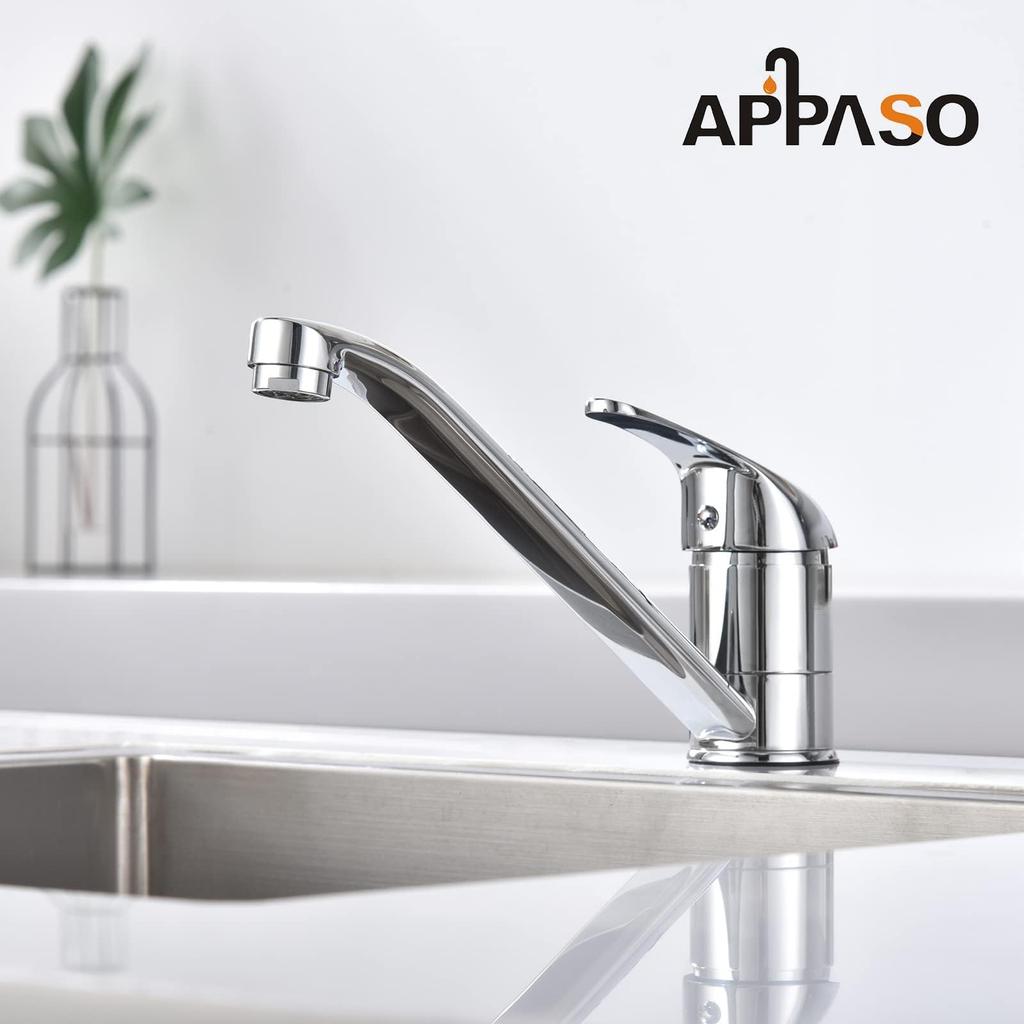 APPASO Single Lever Kitchen Mixer Single Aerated Spray Tap, Brass, Lead-Free, 360-Degree Rotating, Hole, (Polished Chrome)