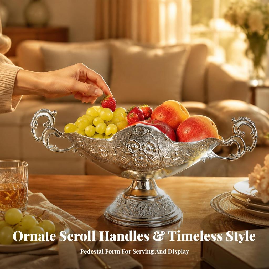 Fruit Bowl with Handles Embossed Pedestal Stylish for Dining Table