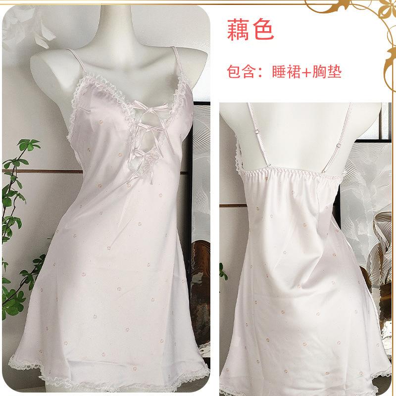 Sexy pajamas women s lace splicing suspenders chest pad nightgown sweet cute girl loungewear M