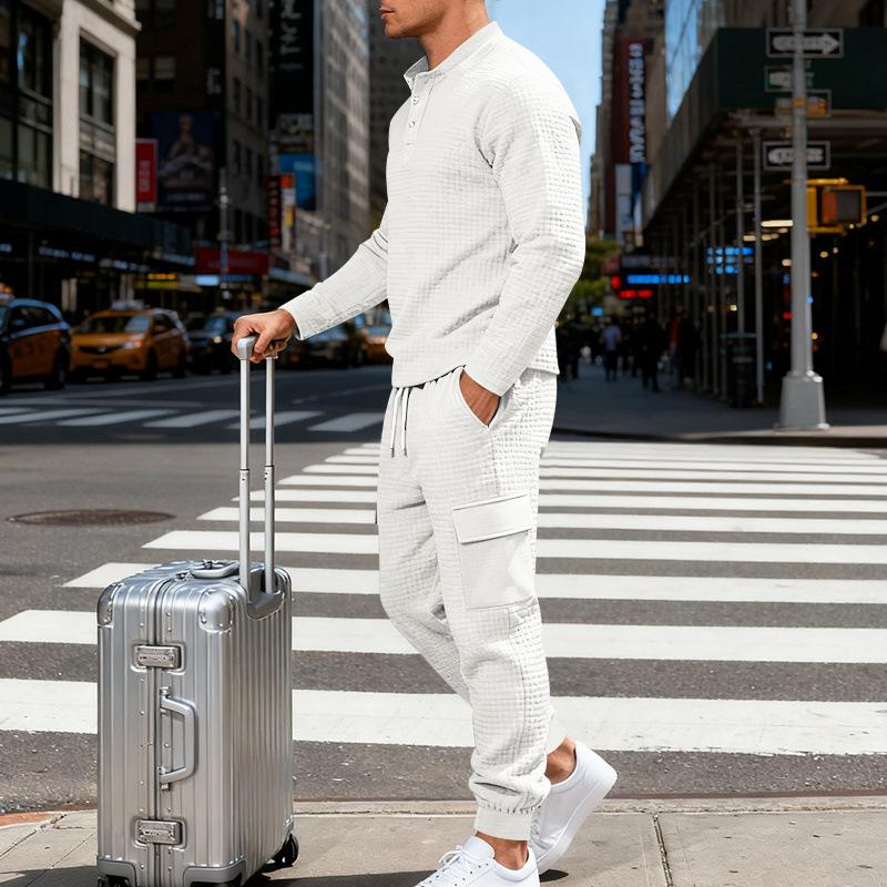 

Spring and Autumn Men s Loose Outdoor Textured Checkered Retro Henley Long Sleeve Work Suit S білий