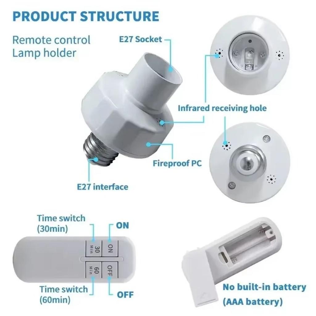 E27 Wireless Remote Control Light Bulb Socket Smart Switch LED Lamp Base with Timer ON/OFF for Room Chandelier Battery Powered