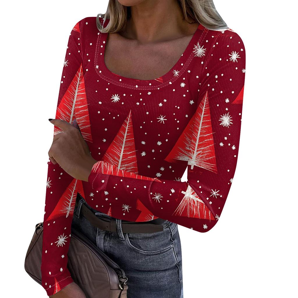 Women's Fashion Slim Bottom Casual Long Sleeve Christmas Printed Pullover U Neck Top