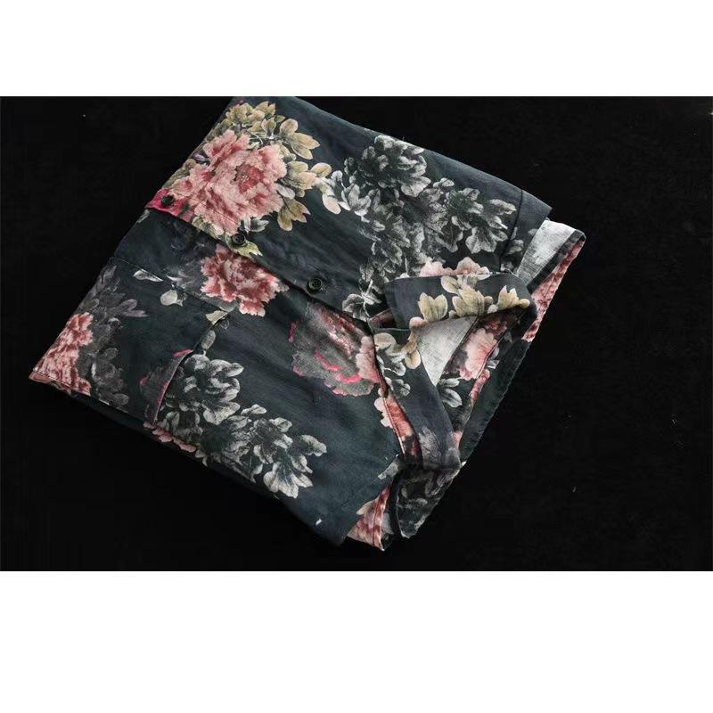 Autumn clothes wear retro printed cotton and linen shirt women's loose long-sleeved shirt cardigan top