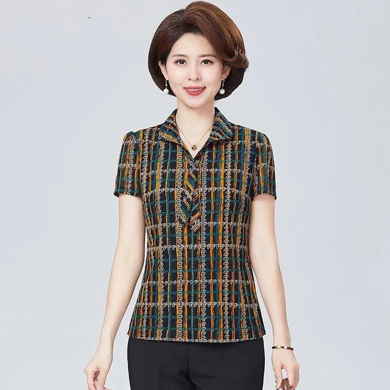 

Women Middle Aged Plaid Print Short Sleeve Turn Down Collar Blouse M чорний