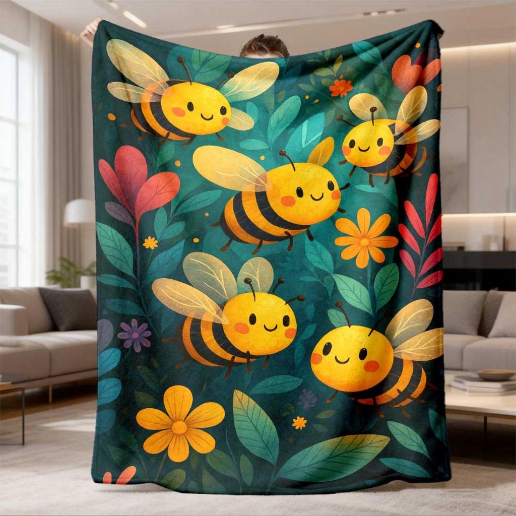 2026 Latest Flannel Blanket 1pc Bees & Yellow Flowers Flannel Throw Blanket - Lightweight Soft Warm All-Season Digital Print for Sofa, Camping, Bed, O
