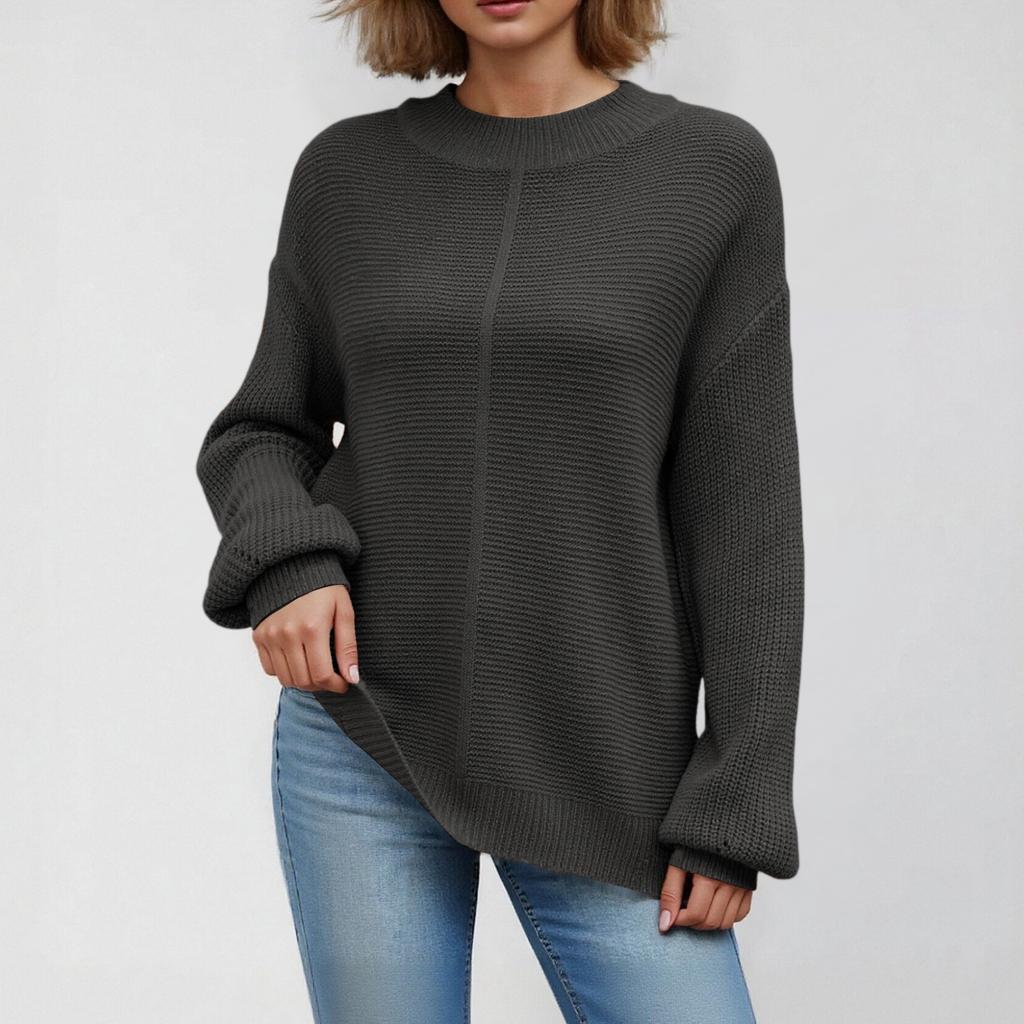 Women's Round Neck Long Sleeve Casual Loose Knit Solid Color Soft Pullover Sweater Top