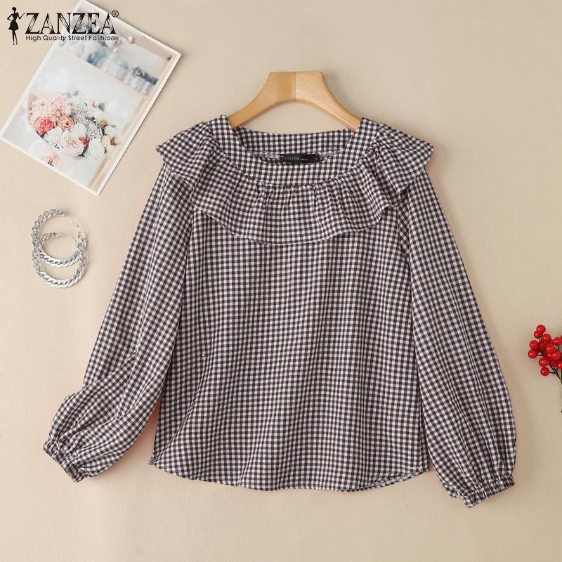 ZANZEA Blusa Casual para Mujer con Volantes, Cuello Redondo, Manga Larga Holgada, Estampado de Cuadros