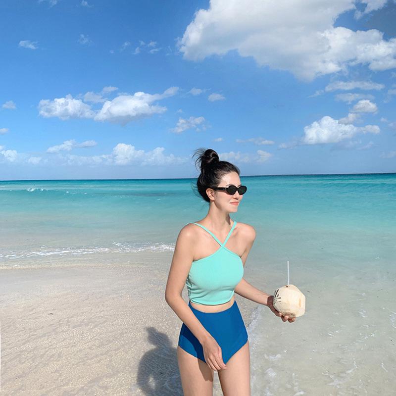 

2024 Корейский Стильный Однотонный Бикини: Купальник с цветовыми блоками для женщин Large синий