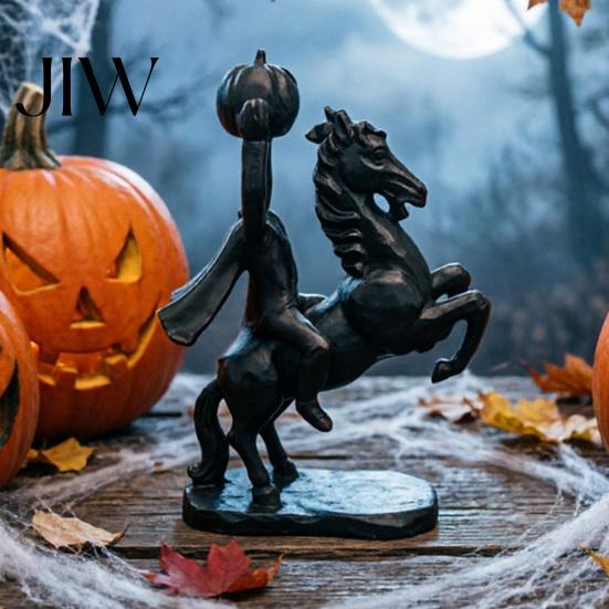 Spooky Holiday Landscaping Headless Horseman Holding Pumpkin Statue, Matte Black Halloween Resin Figurine, Decor Gothic Tabletop for