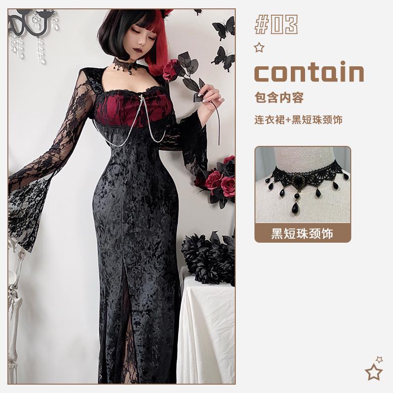 Dark goth halloween costume black dress witch long dress vampire bride outfit wind