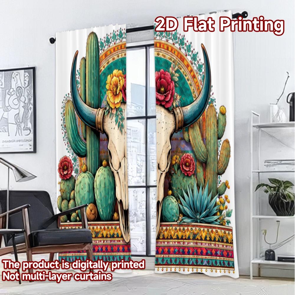 2D FLAT PRINTING 2pcs Curtains (Without Rod) Southwest Bull Skull Popular Pattern Curtains Machine Washable Fabric Curtains