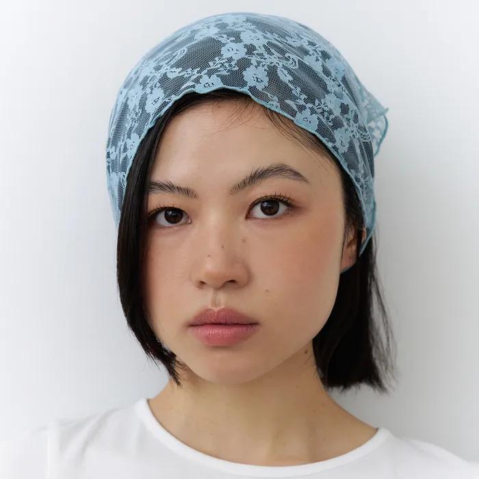 Bandana de cabelo de renda floral - azul céu