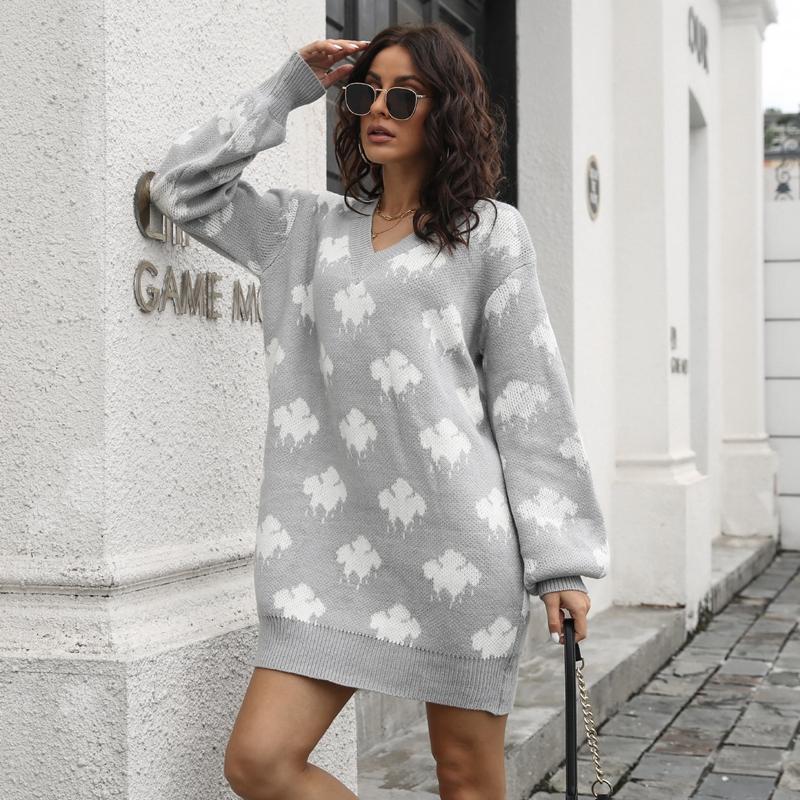 Wiosna jesień chmury wzór powyżej kolana Mini sweter z dzianiny sukienka kobiety dorywczo proste O-Neck pełna rękaw luźna talia S-L