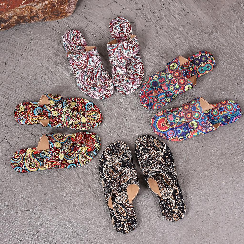 Fashion Large size national style flat set toe slippers female 2025 fashion new breathable printed Roman style foreign trade slippers