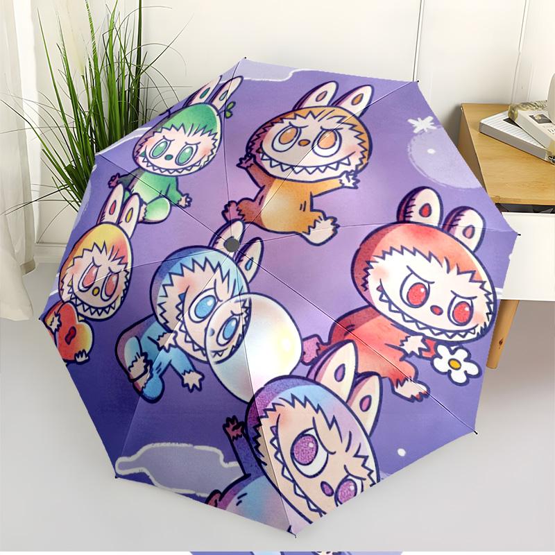 Labubu Print Automatic Open Close Umbrella, Portable Foldable Umbrella, for Outdoor Commute Camping Trip, Ideal Birthday Gift