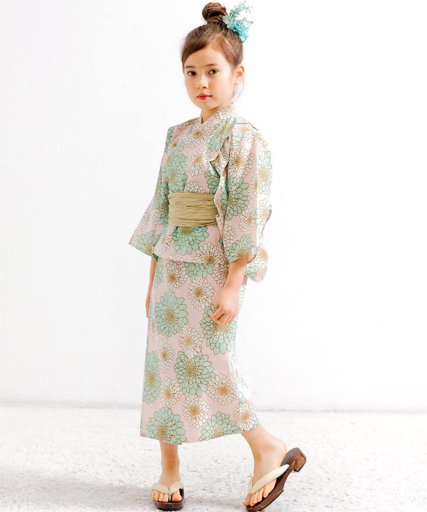 Bee Yukata Set for Easy To Perfect for Festivals and Fireworks with a Shibori Obi and Pink Dahlia Pattern 3-Piece Girls, Summer, Wear, Two-Way Design,