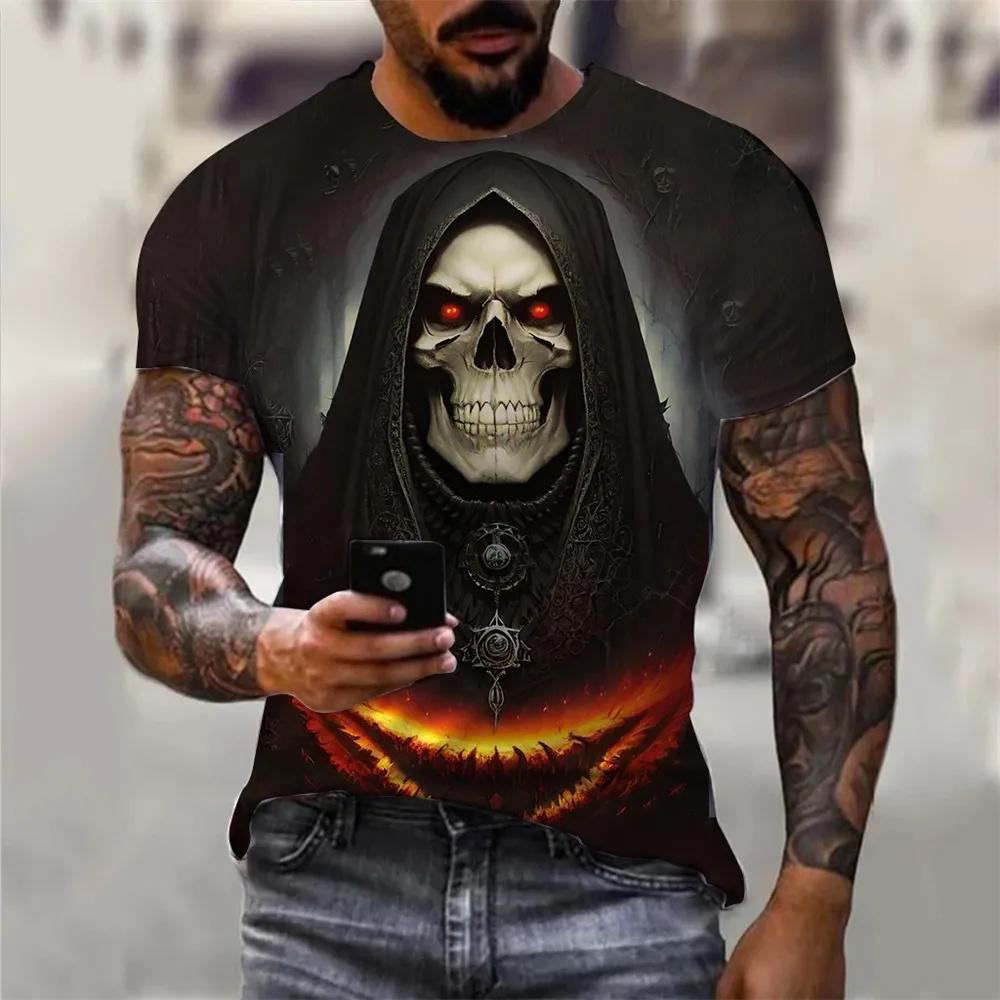 Men's Summer Skull Print T-Shirt Soft Breathable Round Neck Outdoor Street Style Casual Graphic Tee Comfort Top
