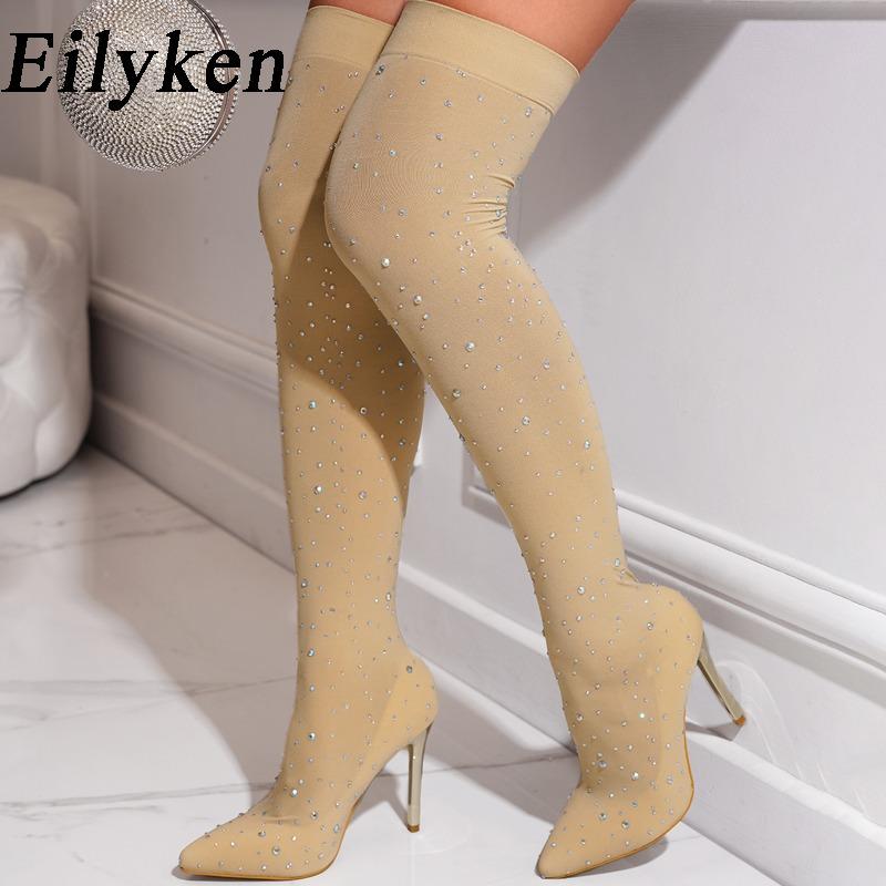 Eilyken Stretch Fabric Pointed Toe Woman Over-the-Knee Long Boots Sexy Thin High Heels Nightclub Shoes Size 35-43