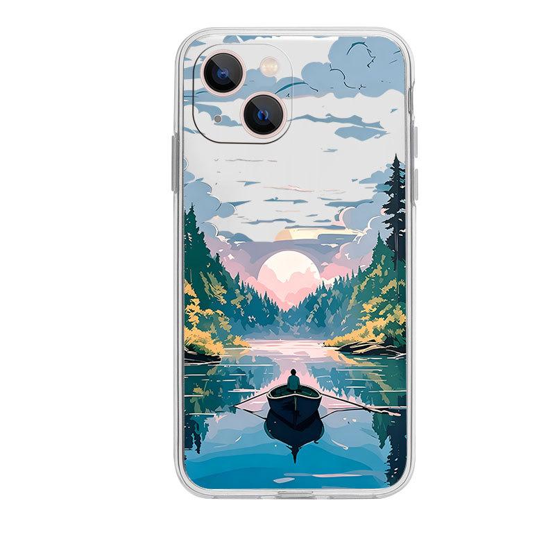 Hot-selling Healing Scenic Mobile Phone Case Mountain Forest Sunset Art Illustration All-inclusive Anti-drop iPhone Protective Case