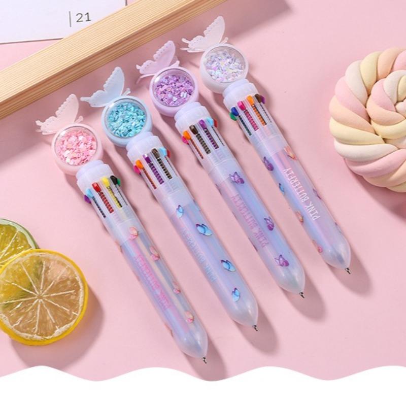 1Pc Colors Korean Ins Cute Butterfly Ballpoint Pen Student Stationery Sequins Rollerball Pen Multi-functional Office Pen Gift Back To School Season