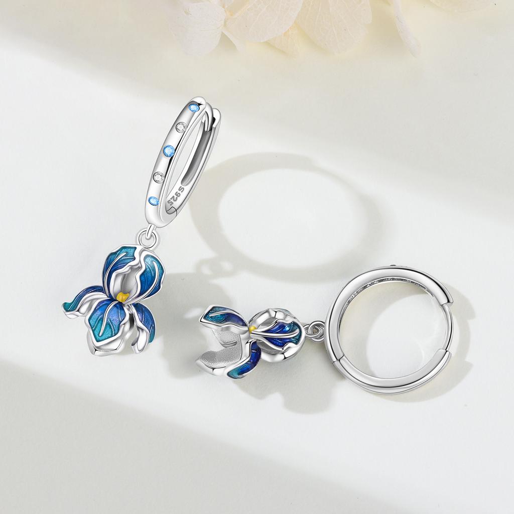 Copper Blue Irises Pave Zircon Hoop Earring & Beaded Women Set Wedding Anniversary Jewelry Gift For Women