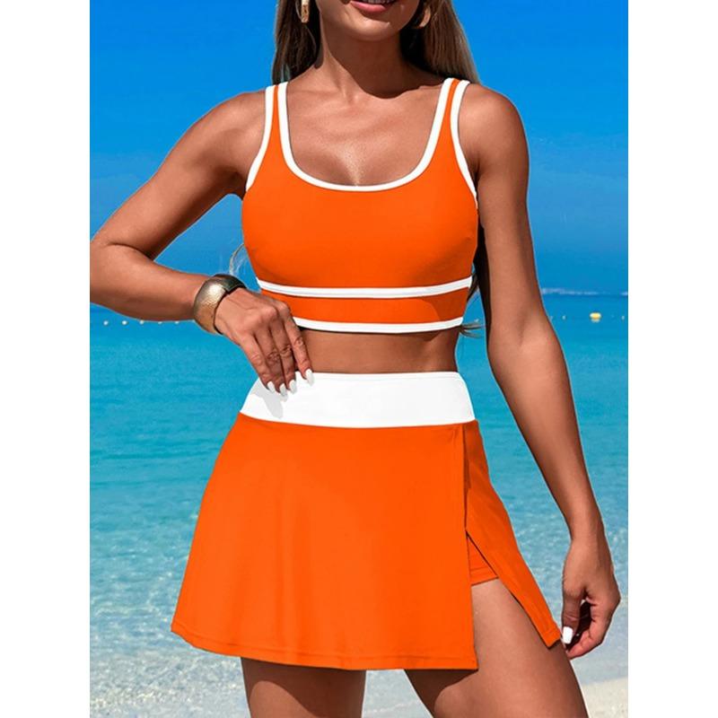 

2025 Спортивный купальник женский из двух частей с высокой талией пляжное платье однотонный купальник женский купальщики купание плавание купальный костюм пляжная одежда XL оранжевый