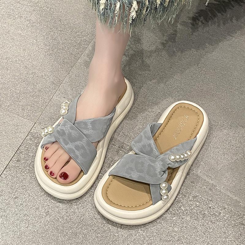 

Summer wear 2025 new muffin platform slippers retro versatile with skirt cross with beach sandals women 35 светло-синий