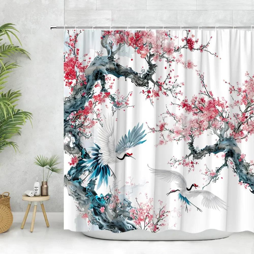 Asian Shower Curtain Ink Painting Crane Cherry Blossoms Japanese Woman Koi Panda Modern Polyester Fabric Bathroom Decor Curtain