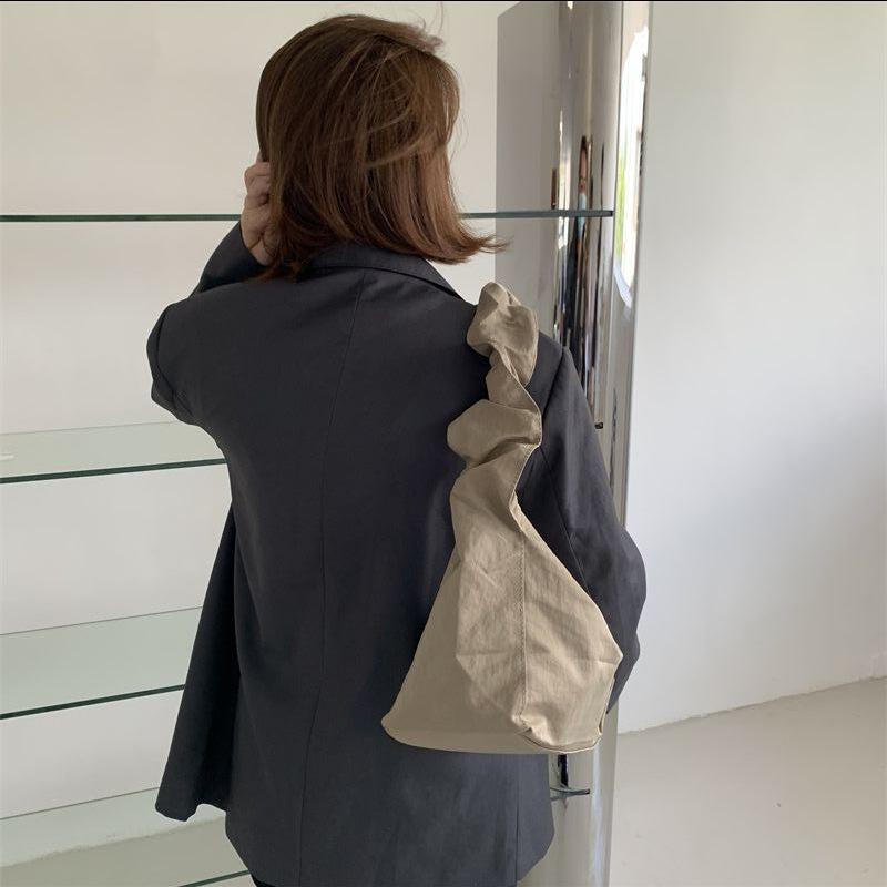 Women's Korean Version Single Shoulder Pleated Drawstring Canvas Bag, Small Fresh Artistic Solid Color Hand-held Diagonal Cross Casual Women's Bag