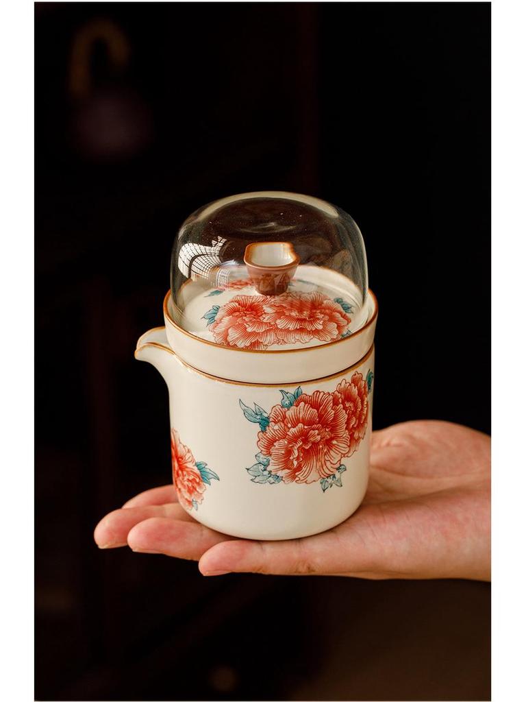 Ru Kiln Peony Quick Cup: Portable Outdoor Tea Set with One Pot and Four Cups