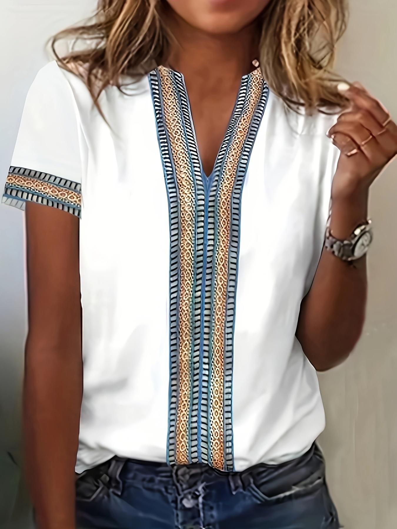 

Casual Ethnic T-shirt Summer Short Sleeve V-Neck Top Women S дубильная кора