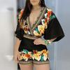 Deep V-Neck Lantern Half Sleeve Mid-Rise Women Jumpsuit Flower Printing Retro Trim Short Pants Romper Female Clothing
