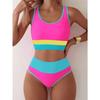 Sporty High Waist Bikinis 2026 Color Block Swimsuit Women Sexy Swimwear Female Bathers Bathing Swimming Swim Suit Beachwear XXL