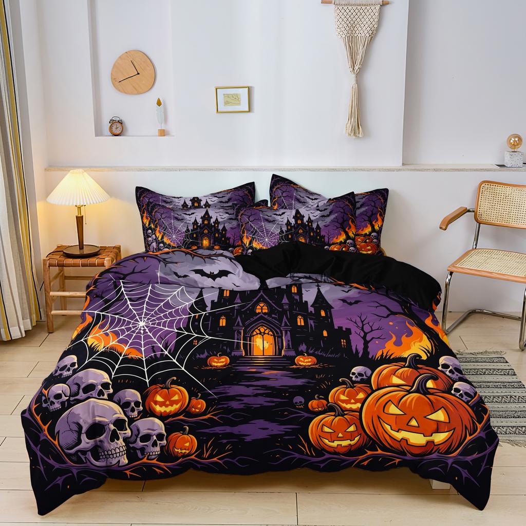 Set di 3 Pezzi Biancheria da Letto Gotica di Halloween Copripiumino, Stampa Viola Spettrale Castello Infestato Zucca Teschio Ragnatela Pipistrello