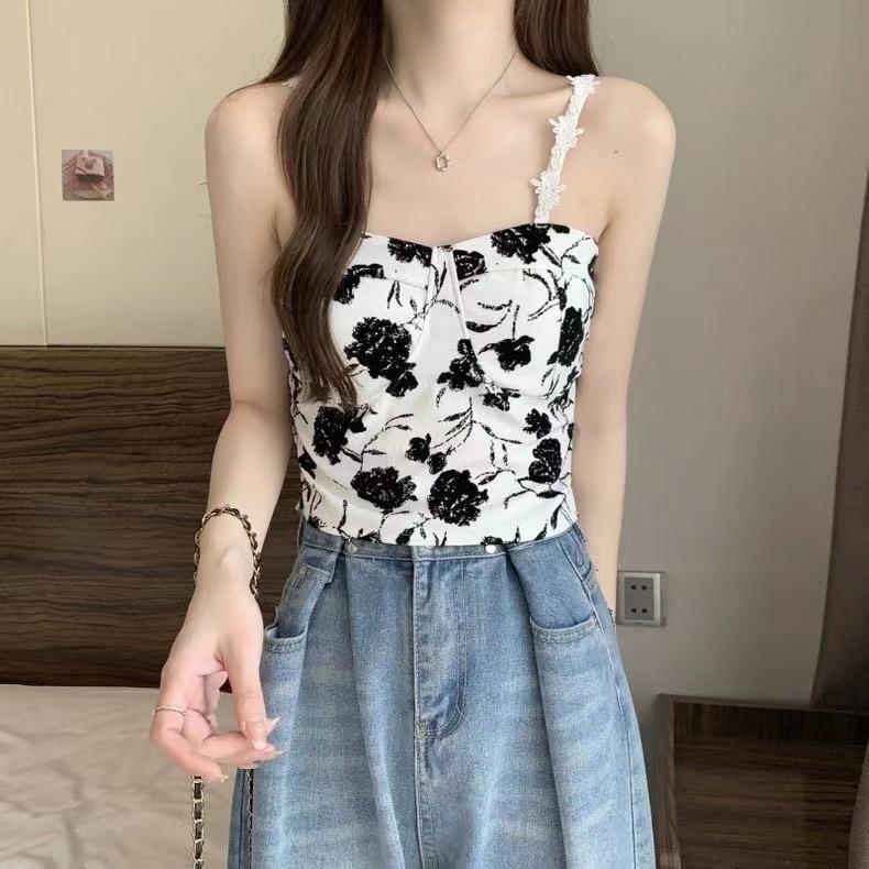Floral Tank Top Halter Crop Tops Women Summer Camis Chest Pad Camisole Fashion Casual Tube Female Sleeveless Cropped Vest