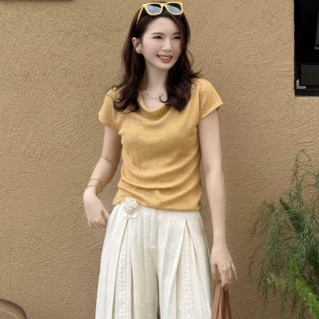 2026 Summer French Slim-Fit Top & High-Waist Wide-Leg Pants Set - Age-Reducing, Slimming Style