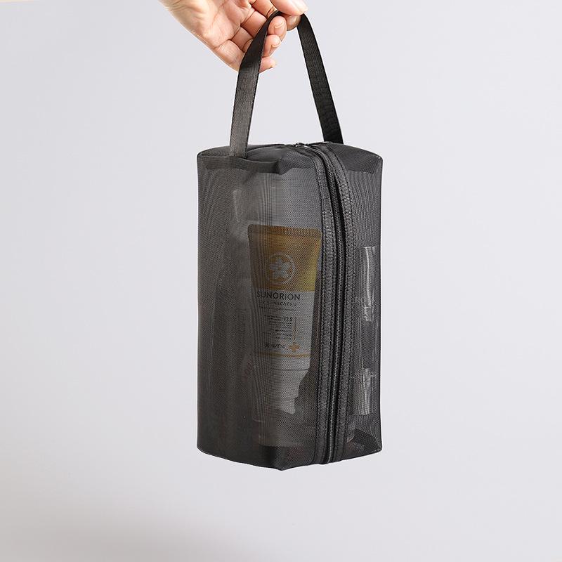 Thick Black Nylon Mesh Makeup Bag: Portable Women's Skincare and Lipstick Organizer