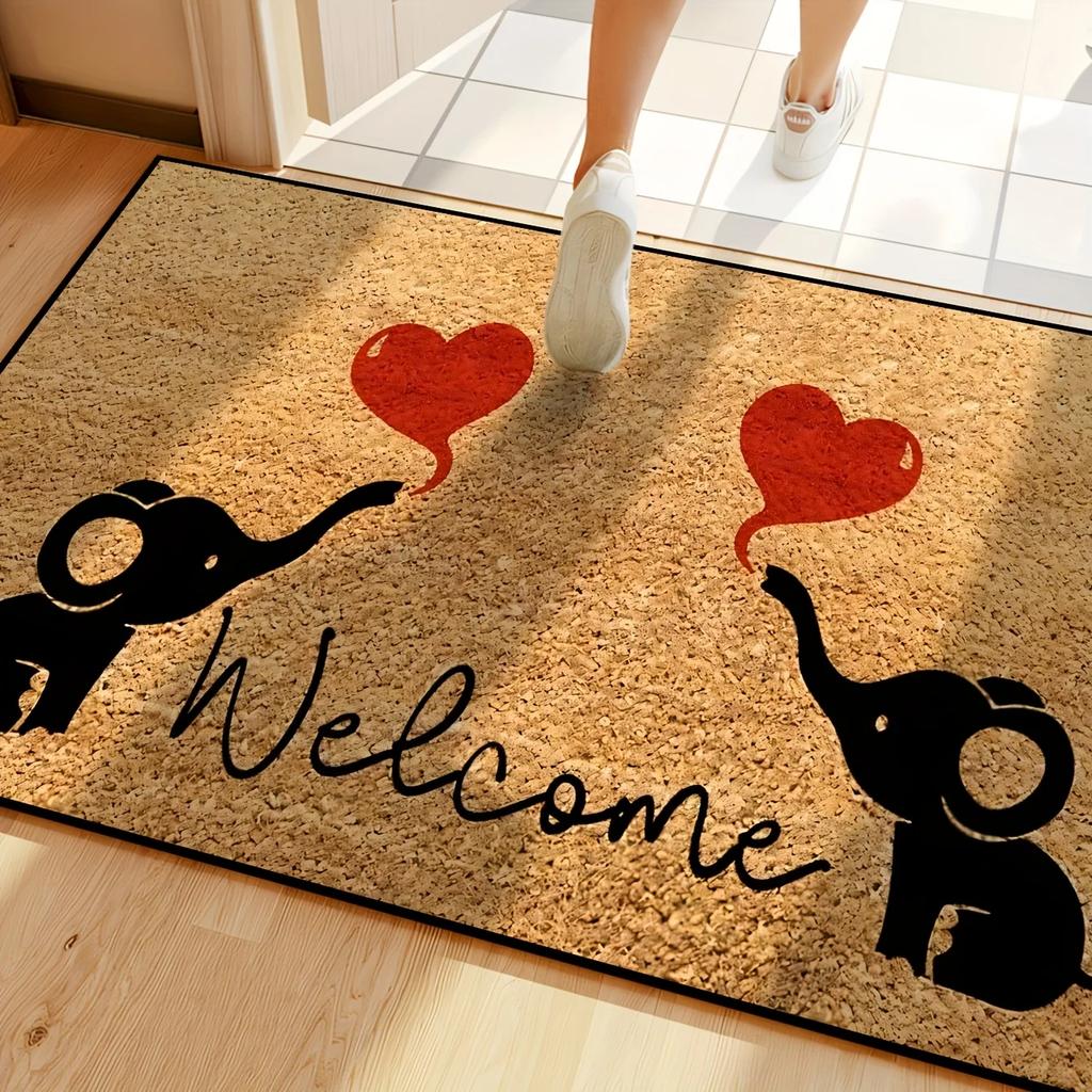 Tapis de bienvenue en forme de cœur d'éléphant pour porte, décoration de maison pour la Saint-Valentin, tapis d'entrée antidérapant pour intérieur et extérieur