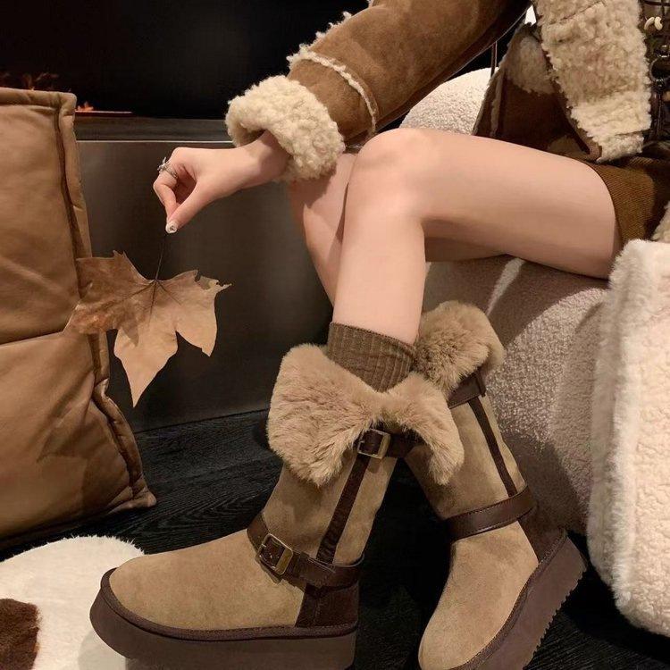 Long Tube Two Wear Flanged Snow Boots Winter New Piled Thickened Cotton Boots Warm Fluffy Cotton Shoes