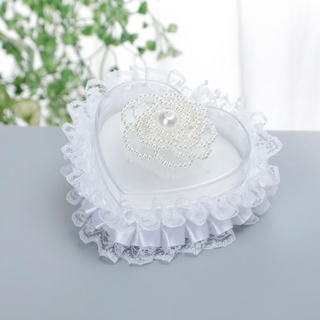Wedding Ring Pillow Heart Box, White Romantic Lace Pearl Ring Box Holder with Ribbon for Wedding Ceremony Ring Bearer