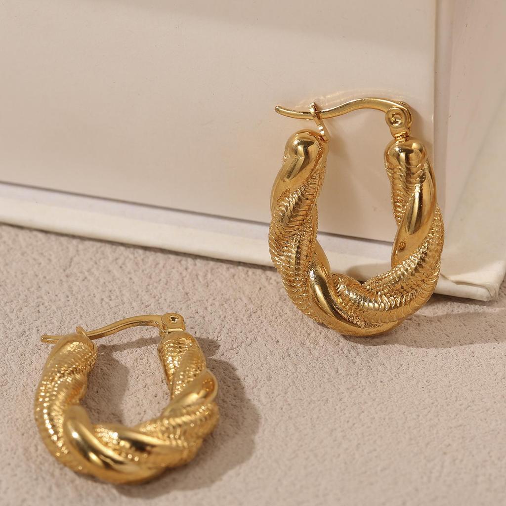 LNCHRAN 304 Stainless Steel Twisted U-Shaped Retro Women's Hoop Earrings