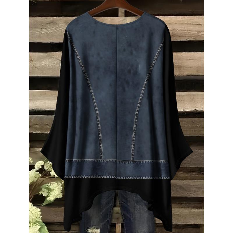 Fashionable New Round Neck Large Size Imitation Butterfly Denim Fake Two Piece Pattern Print Women's Top (No Accessories)