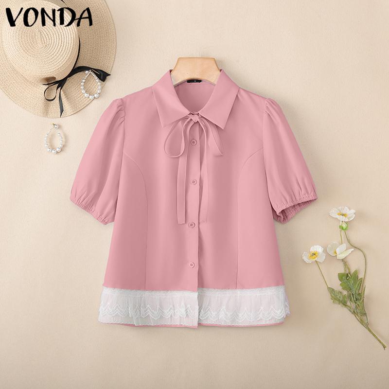 

VONDA Women Lapel Neck Bow Knot Short Sleeve Lace Crochet Patchwork Blouse M