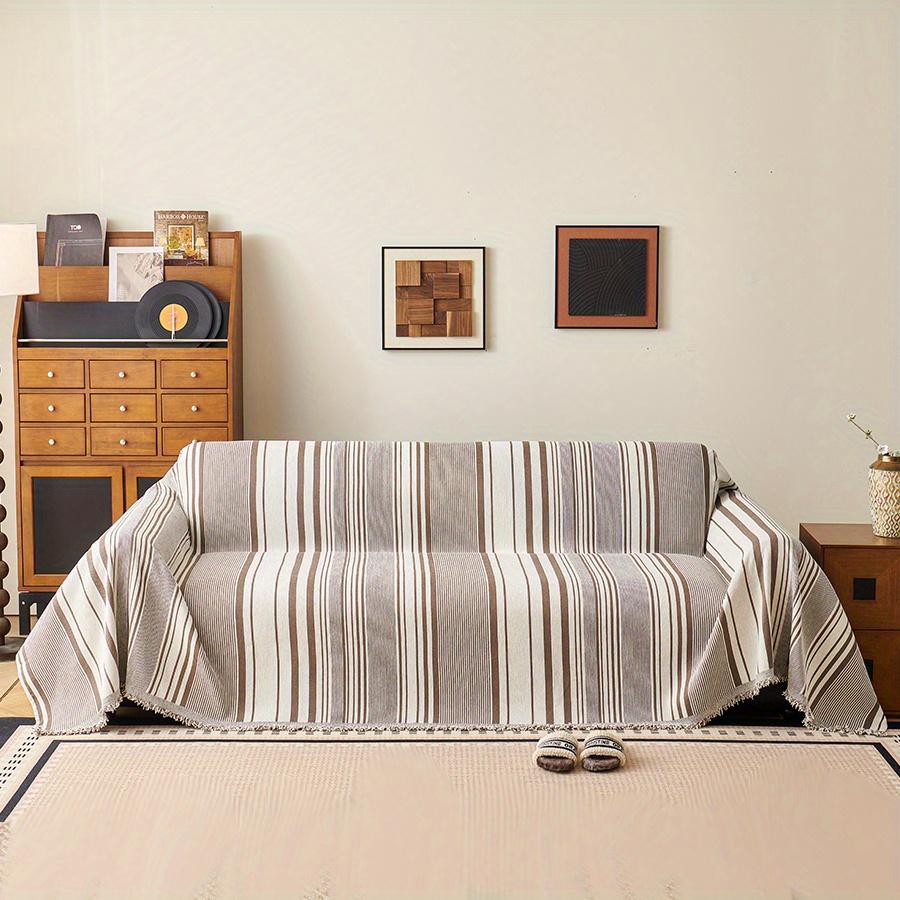 1PC Chenille Sofa Towel All-cover Coffee Striped Pattern Sofa Throw Blanket With Tassels Couch Protector Double Face Usable