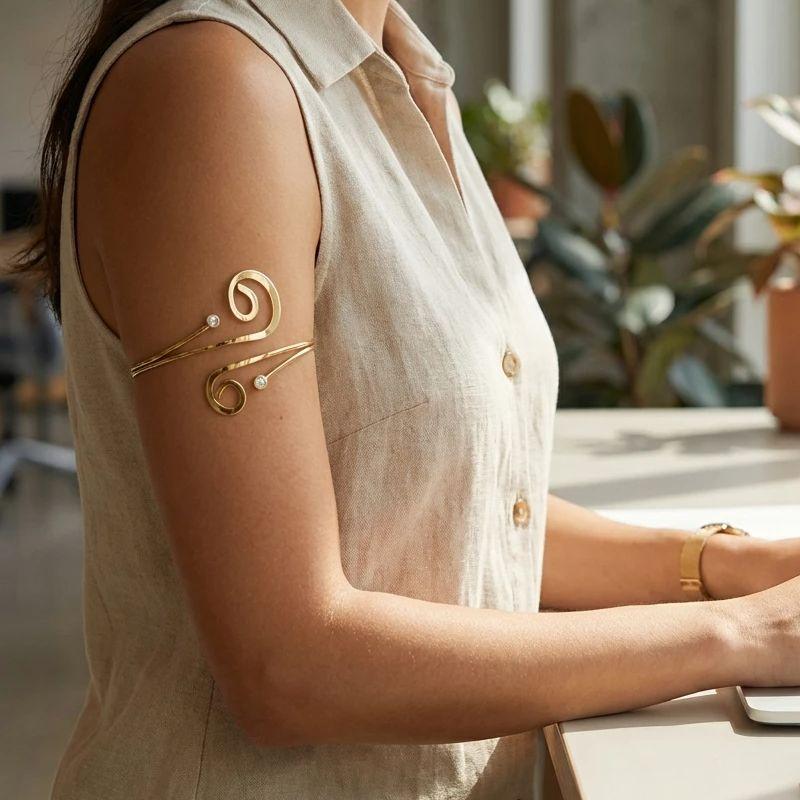 Minimalist Boho Gold Arm Cuff Upper Arm Bracelet for Women Adjustable Musical Note Rhinestone Open Bangle Summer Jewelry Gift