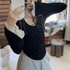 Women's Black Slim Fit Long-Sleeve Top White Lace Cuff Casual Blouse