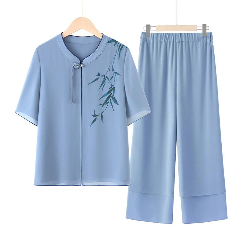 Yuzhaolin Women s Summer Bamboo Leaf Print Wide-Leg Pants Set 2XL
