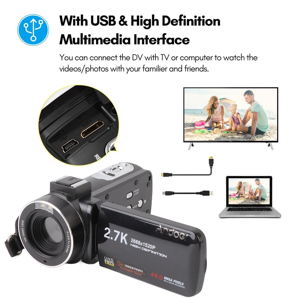 2.7K Digital Video Camera Camcorder DV Recorder 48MP 16X Digital Zoom 3.0 Inch IPS Touch Panel Supports Face Detection
